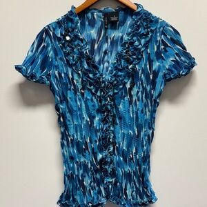 New Directions Blue and Cream Pleated Blouse with Metallic Beading